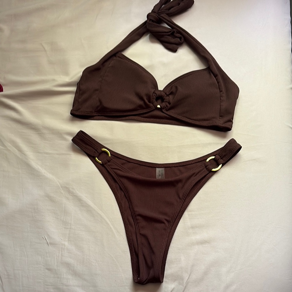 Chocolate Brown Halter Bikini with High-Cut Bottoms